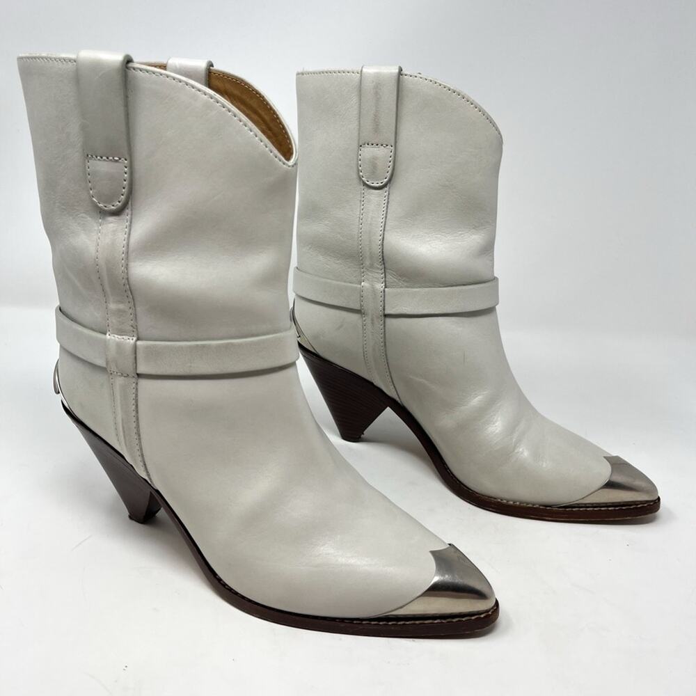 Isabel Marant Lamsy White Leather Western Pointed Toe Boot Wingtip Size 38 Eu